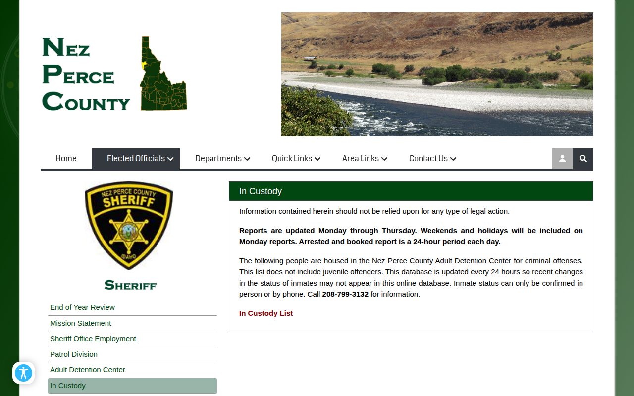Nez Perce County sheriff current-custody page with update and confirmation information