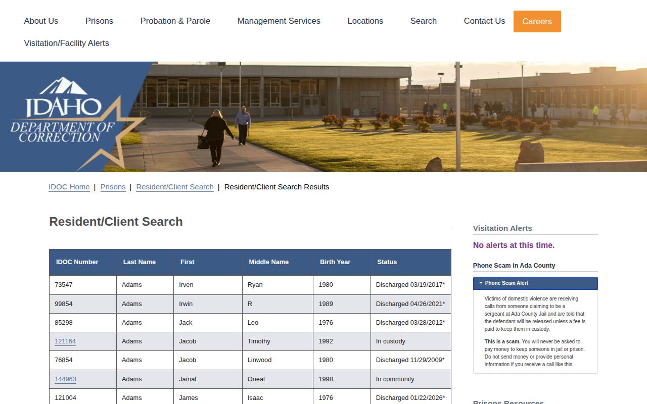 IDOC search results showing discharged status and date fields