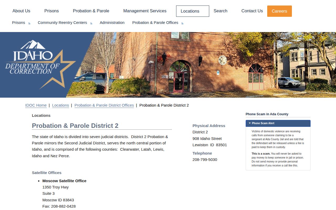 Nez Perce County parole and probation District 2 Lewiston contact