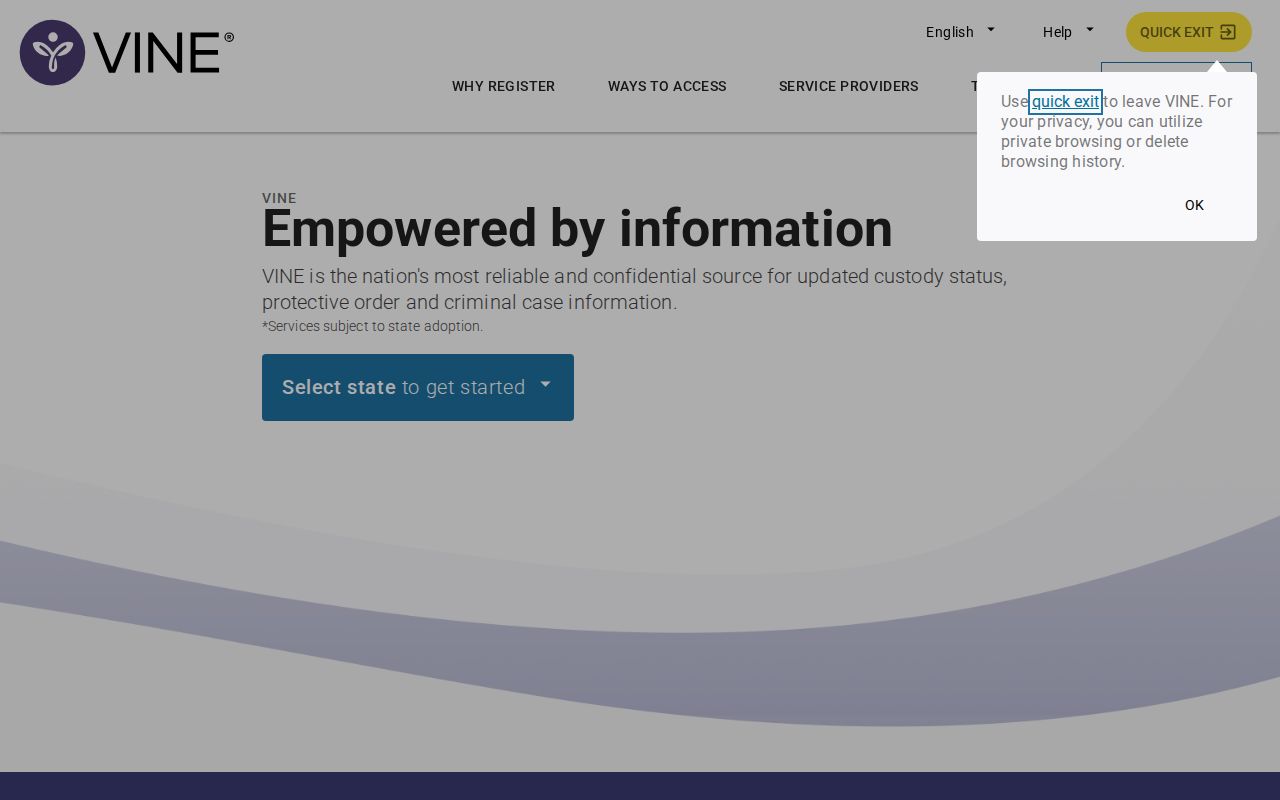 VINELink entry screen used to select Idaho and begin an inmate status search